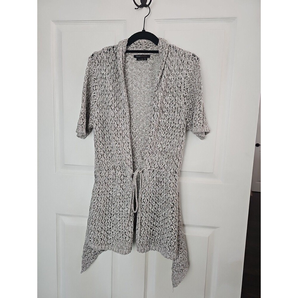BCBG Women's Short-sleeve Open-front Crochet-style Cardigan Drawstring Large
